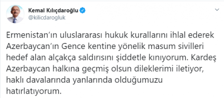 Kılıçdaroğlu ermənilərin Gəncəni atəşə tutmasını qınadı
